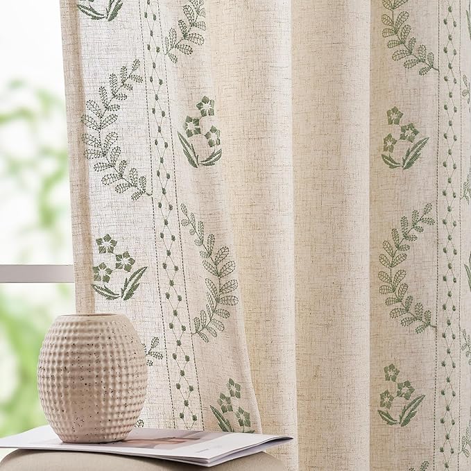 jinchan Belrose Linen Curtains for Bedroom Floral Curtains 96 Inch Length Linen by JINCHAN