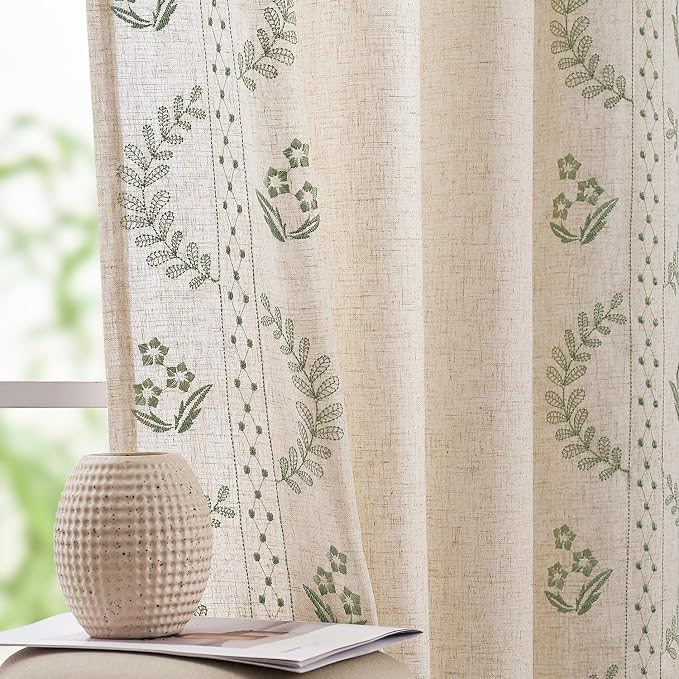 jinchan Belrose Linen Curtains for Bedroom Floral Curtains 90 Inch Length Linen by JINCHAN