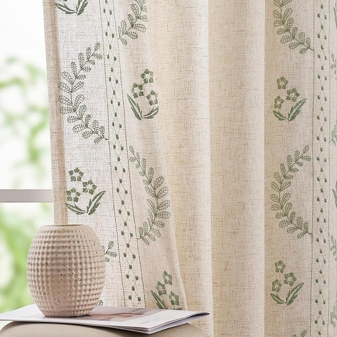 jinchan Belrose Linen Curtains for Bedroom Floral Curtains 63 Inch Length Linen by JINCHAN