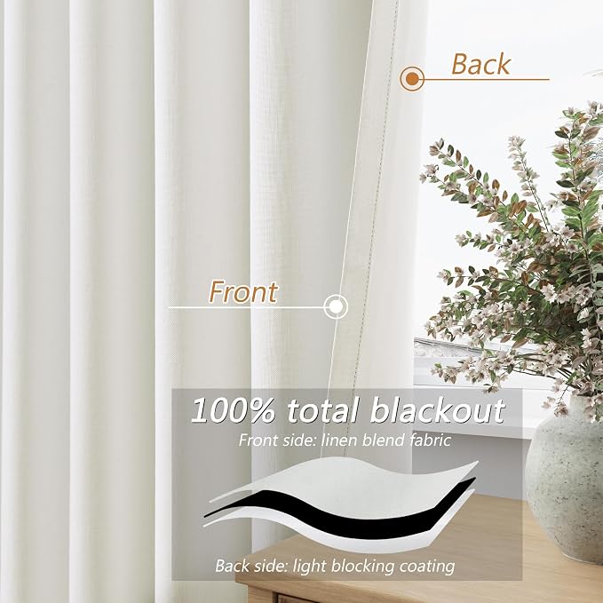 Guken Ivory 100% Blackout Curtains 132 Inch Length 2 Panels Set - Image 4