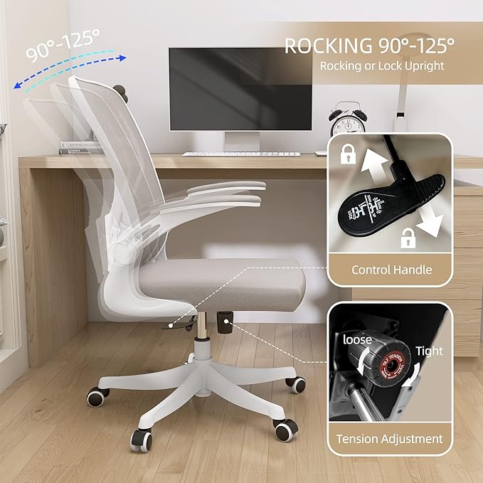 Monhey Office Chair Ergonomic Desk Chair with Lumbar Support&Headrest&Flip-up Arms Height Adjustable Rocking Swivel High Back Computer Chair Warm Taupe Mesh Study Chair (01Khaki)