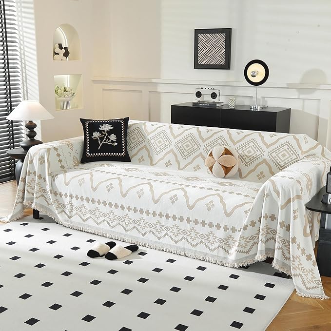 LUFEIJIASHI Boho Couch Covers for Sofa Non Slip Sofa Covers Washable Couch Covers for 3 Cushion Couch Sofa Pet Friendly Sectional Couch Cover Blanket Furniture Protector for Dogs (Khaki, 71"x150")