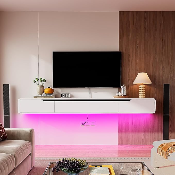 Fully-Assembled Floating TV Stand with Drawers, 94IN High Gloss Wall Mounted Entertainment Center, Modern Media Console with Storage, Under TV Shelf for Bedroom Living Room White