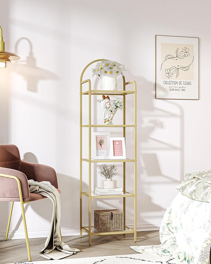 Bookcase Bookshelf, Tempered Glass Bookshelves, Slim Shelving Unit for Bedroom, Bathroom, Home Office, Steel Frame, 5 Tier Gold BC05001G