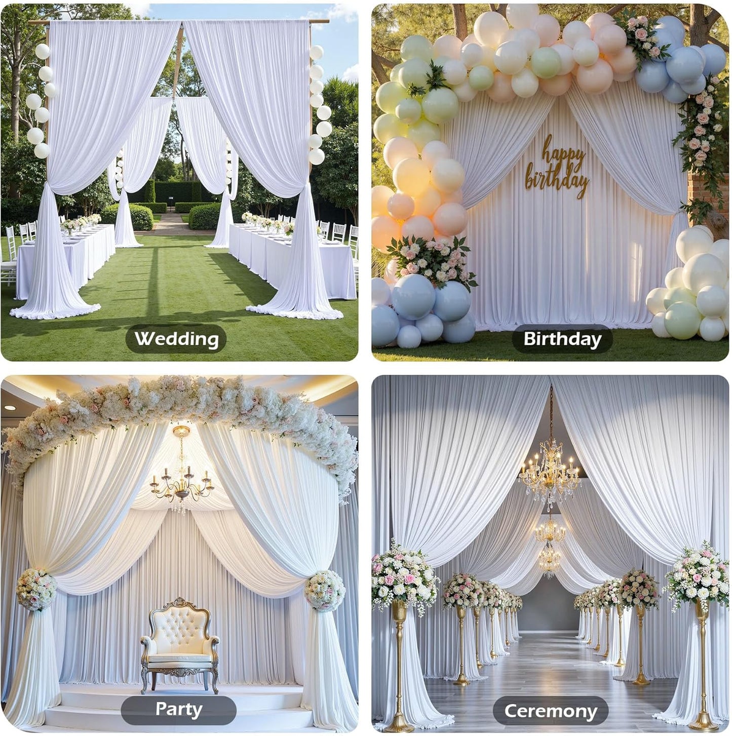 PartyVillage 20ft×15ft White Backdrop Curtain for Wedding Parties, 4 Panels Wrinkle Free 15 FT Long Polyester Photo Backdrop Drapes Back Drop Cloth for Birthday Photography Background