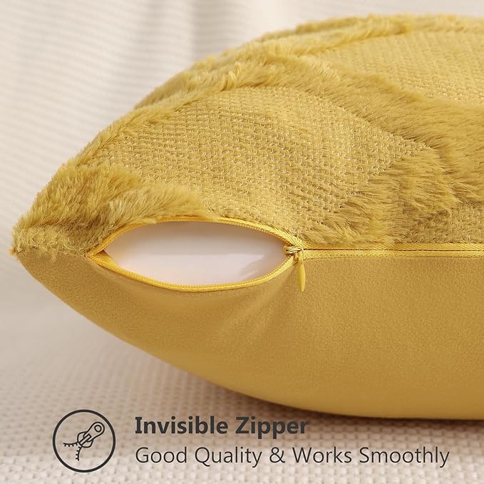 decorUhome Fall Throw Pillow Covers 16x16 Inch Set of 2, Soft Plush Faux Fur Wool Mustard Yellow Couch Pillow Covers, Decorative Neutral Pillow Cases for Bed Sofa Living Room Home Decor