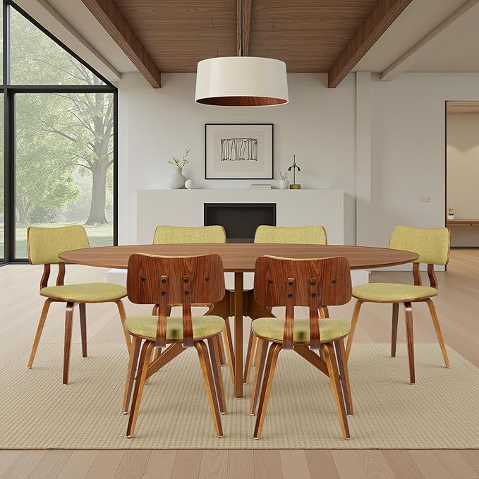 Armen Living Jaguar Mid-Century Dining Chair in Walnut Wood and Green Fabric - Set of 6