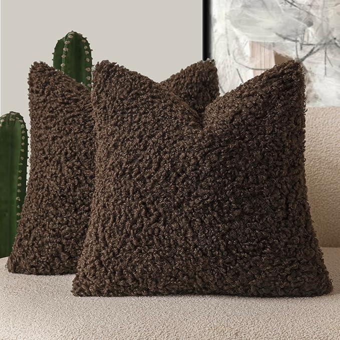 Foindtower 2 Pieces 26x26 Inch Dark Brown, Faux Fur Throw Pillow Cover Accent Sherpa Furry Pillow Covers Fuzzy Soft Pillowcases Cozy Sheepskin Decorative Fleece Cushion Case for Bed Couch Living Room