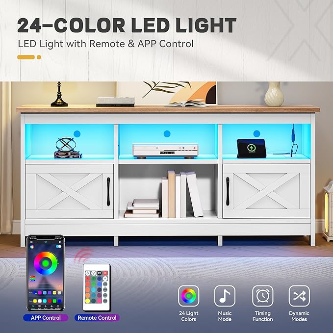 YITAHOME TV Stand for 65 Inch TVs, Entertainment Center with Storage Cabinets, Power Outlet & LED Light, Media Console Living Room Furniture, White & Walnut