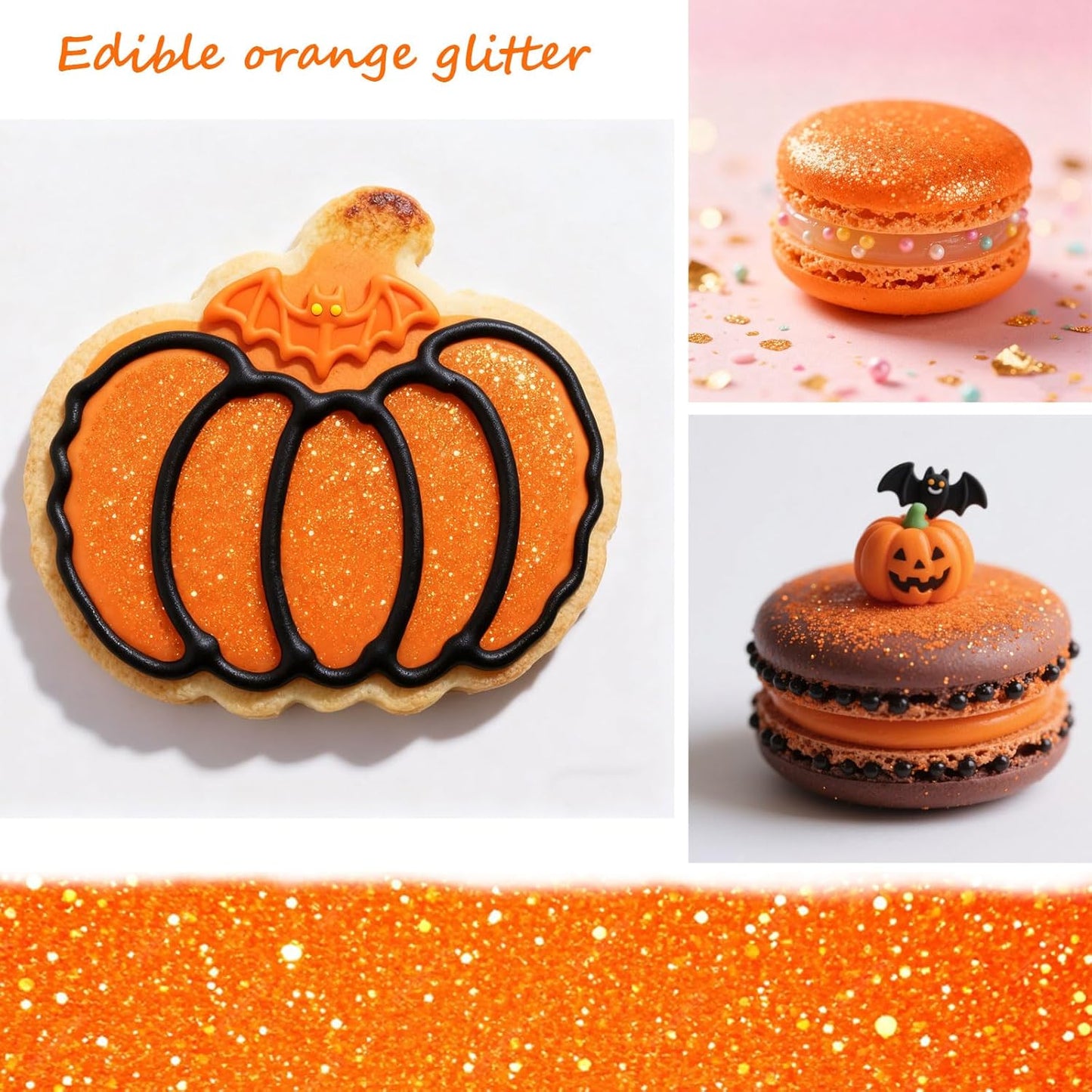 Orange Edible Glitter Black Glimmer Powder for Halloween Cakes Drinks, Colaele Edible Glitter Set Food Grade Luster Dust Metallic Food Decorating Sprinkle for Cake Cookies Decorations,Vegan, 5g/Jar