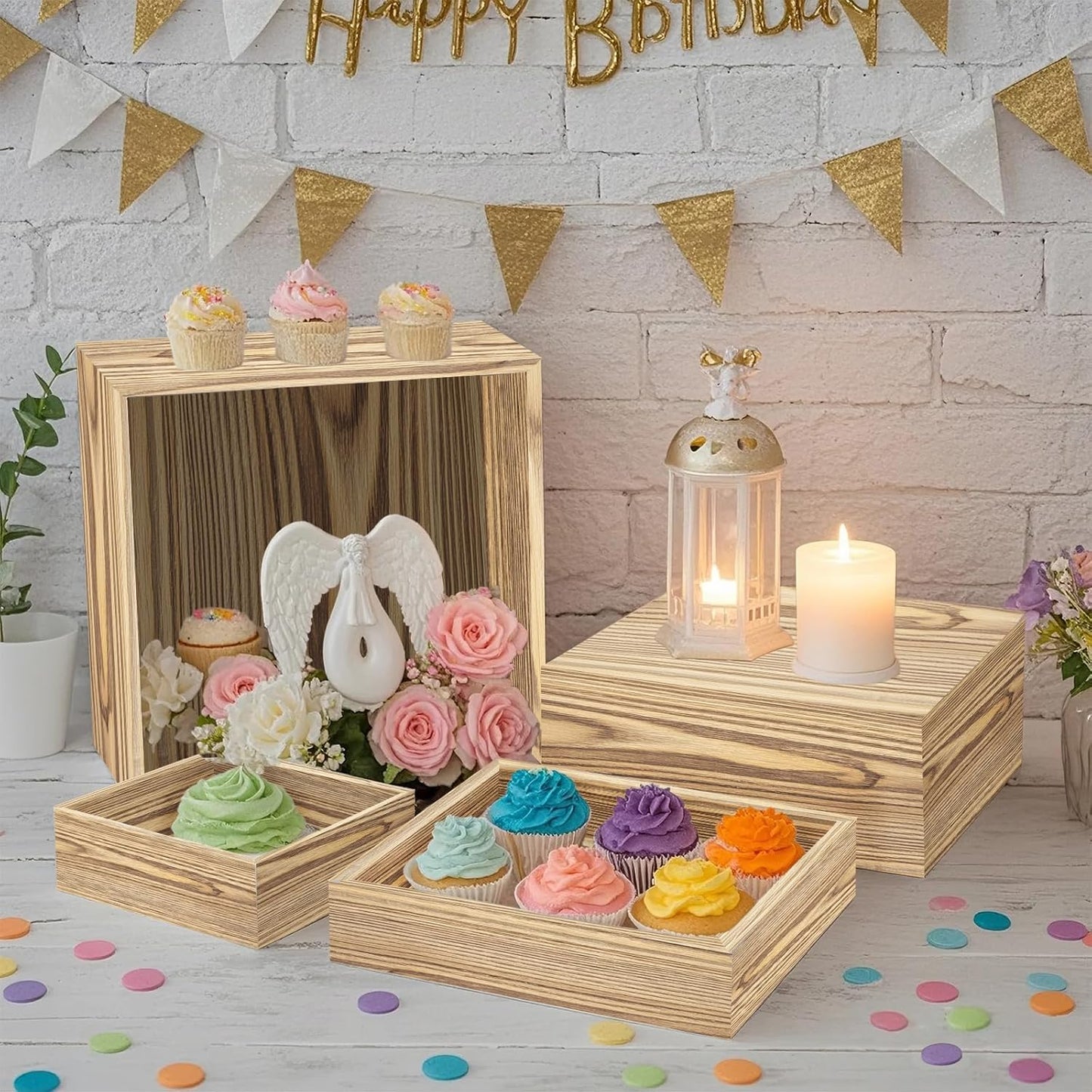 4 Pcs Buffet Risers, Wood Food Riser Dessert Display Stand for Party Wood Cupcake Stands Nesting Box for Display (Lightly Burnt)