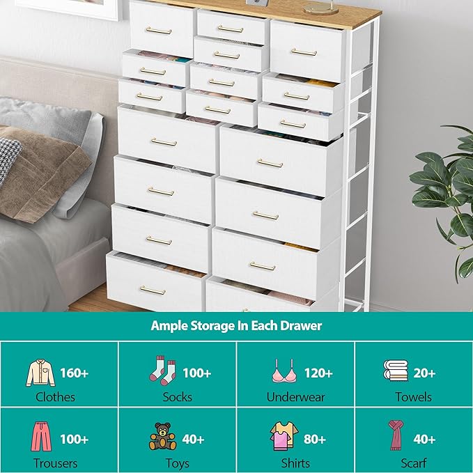 Modern Chest of Drawers for Bedroom，Tall White Fabric Dresser with 18 Deep Drawers, Large Vertical Storage Organizer Cabinet for Closet, Nursery, Office