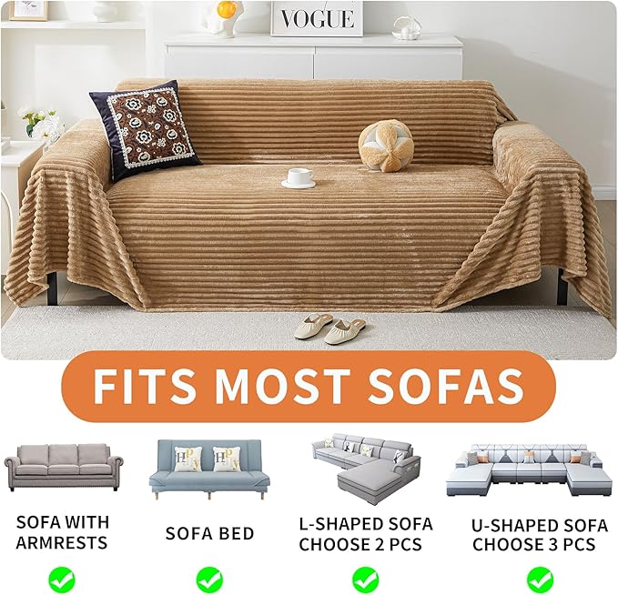 HAOMAIJIA Faux Fur Sofa Covers Couch Covers for 3 Cushion Couch Sofa Pet Friendly Soft Non Slip Couch Cover for Dogs Washable Sectional Couch Covers L Shape Furniture Protector (Khaki, 71"x150")