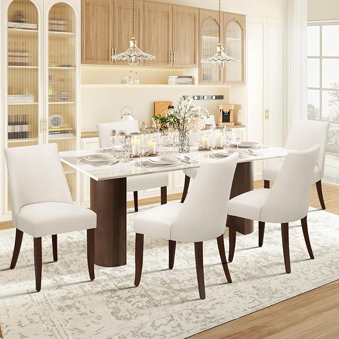COLAMY Upholstered Dining Chairs Set of 6, Mid Century Modern Kitchen Chairs with Back, Farmhouse Fabric Side Dining Room Chairs with Wood Legs for Dining Room Restaurant, Beige