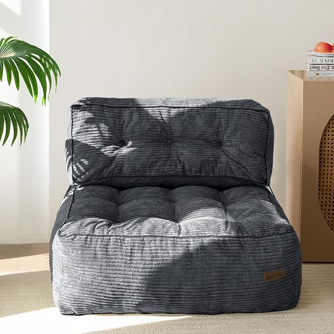 MAXYOYO Floor Sofa Bean Bag Sofa Couch, Comfy Floor Couch with Back Support, Portable Bean Bag with Filling, Corded Chair Seating for Living Room Bedroom Apartment, Dark Grey