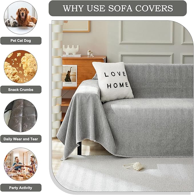 STACYPIK Soft Dark Gray Couch Cover for Pets, Herringbone Jacquard Sofa Covers for 2 Cushion Couch,Skin-Friendly Washable Sofa Covers for Loveseat, Non Slip Sectional Sofa Blanket Cover-91X118IN