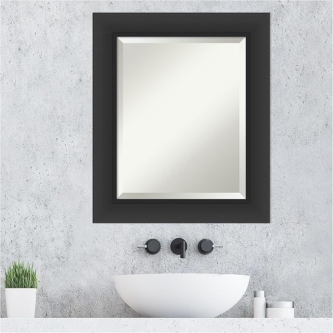 Amanti Art Black Bathroom Mirror for Over Sink, 26x22 Sloped Black Rectangle Vanity Mirror, Small Modern Contemporary Frame, Hangs Horizonally and Vertically, Bathroom Wall Decor, Beveled Edge