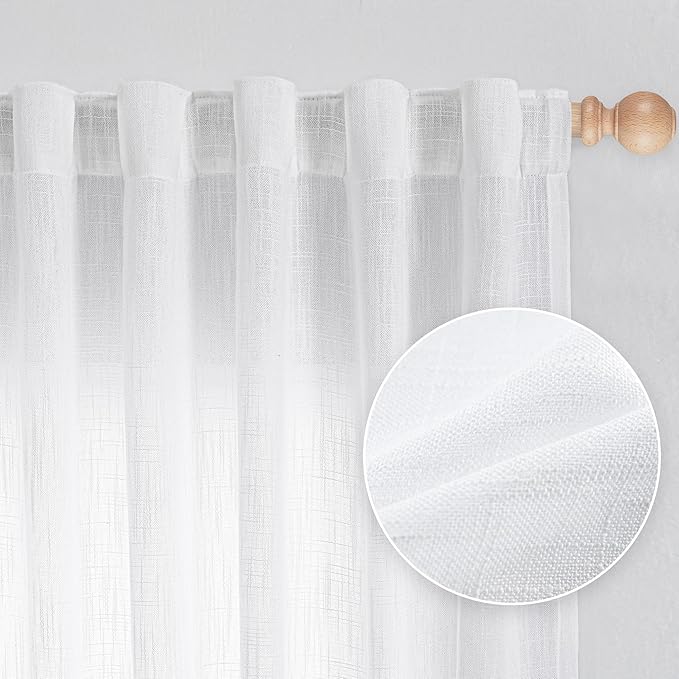 MYSKY HOME White Curtains 80 Inch Length 2 Panels Set, Semi Sheer Cotton Blend - Image 2