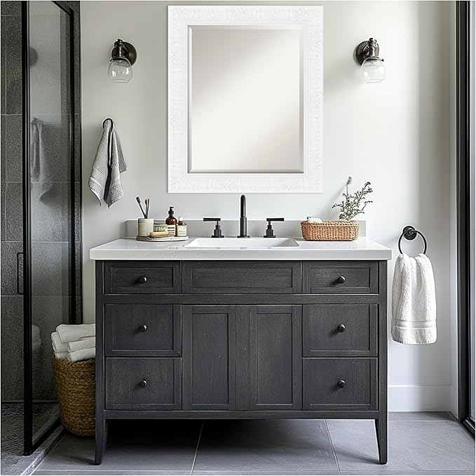 Amanti Art White Bathroom Mirror for Over Sink, 29x35 Luxe White Rectangle Vanity Mirror, Large Traditional Frame, Hangs Horizonally and Vertically, Bathroom Wall Decor, Beveled Edge