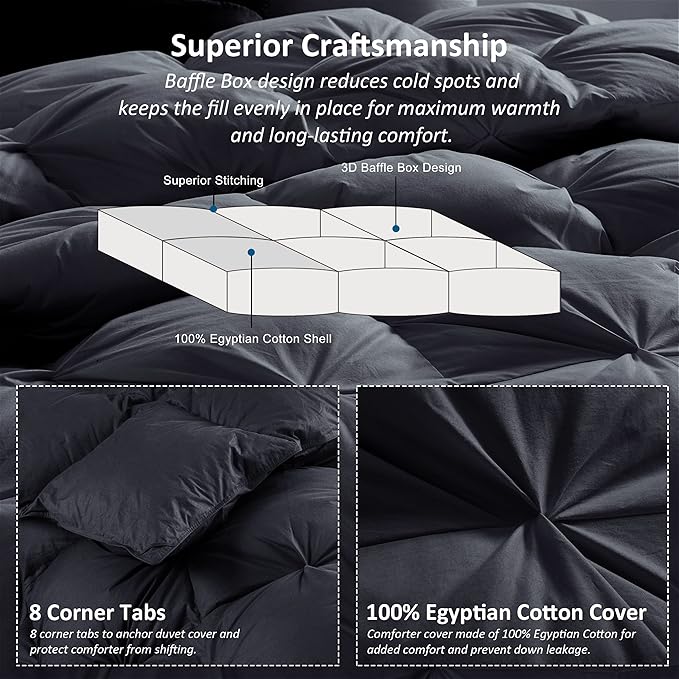Luxurious All-Season Goose Down Feather Fiber Comforter California King Size Duvet Insert, Exquisite Pinch Pleat Design, Premium Baffle Box, 100% Egyptian Cotton Cover, 80 oz. Fill Weight, Black