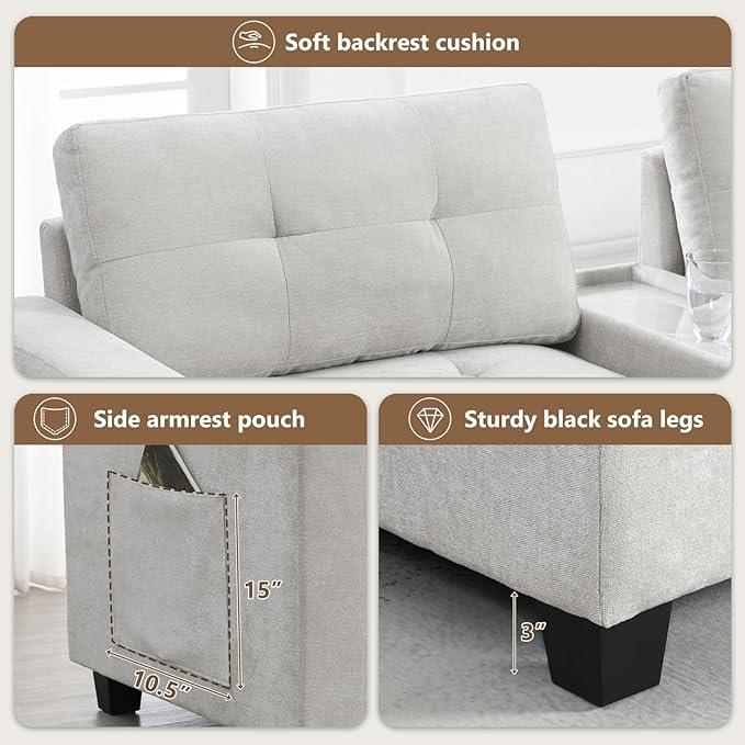 Merax 104 * 104" Chenille Sectional Couches with 2 Acrylic Consoles, Upholstered Modular Tufted Sofa Chaise with Ottoman, Storage Drawers, Pockets, USB Charger & Cup Holders for Living Room Apartment