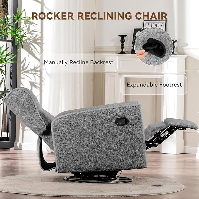COMHOMA Nursery Rocking Chair Teddy Upholstered Swivel Rocker Recliner Manual Glider Reclining Chair for Living Room Bedroom Offices (Grey, 1 PCS)