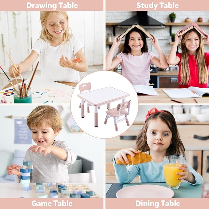 Adjustable Kids Table & Chairs Set for Ages 3-8 | 31.5"x23.6" Easy-Clean Activity Table | Meets ASTM/CPSC Standards for Daycare, Homeschool & Playroom (Pink, 2 Chairs)