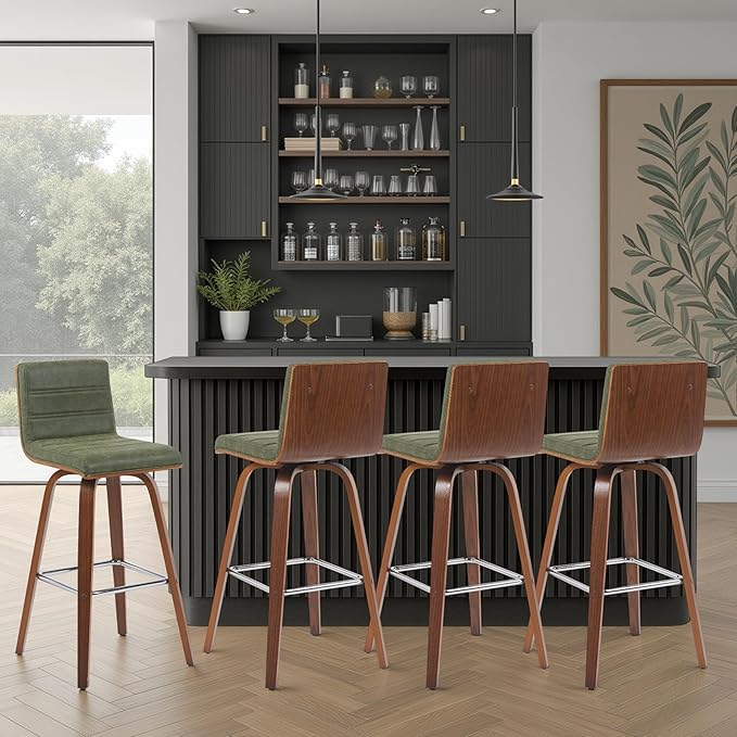 Vienna Modern Swivel Bar Height Stool with Vintage Green Upholstered Seat and Walnut Finished Wood Frame Set of 2