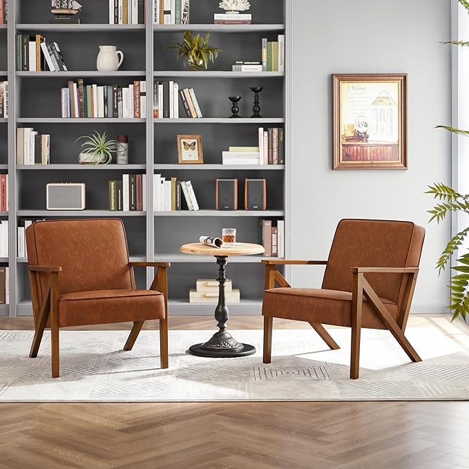 Yaheetech Accent Chair Faux Leather Armchair Lounge Chair with Wood Frame, Modern Retro Lounge Chair for Living Room/Office/Reception Area, Light Brown