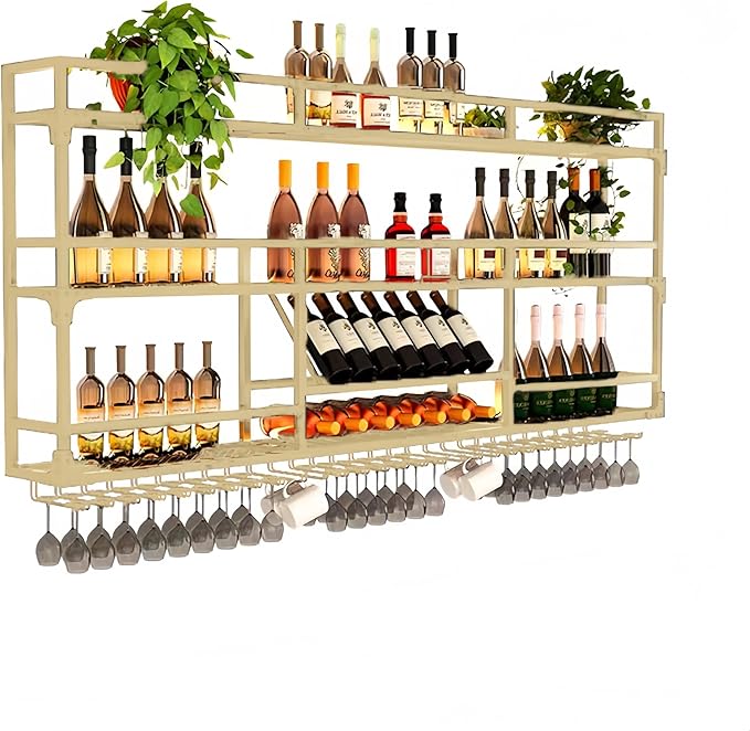 Metal Wall-Mounted Wine Rack with LED Light - 3 Tier Wine Storage Display Rack with Glass Holder - Space-Saving Bottle Display Shelf for Home Bars, Dining Rooms(Gold, 39in/100cm)