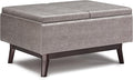 SIMPLIHOME Owen 34 inch Wide Mid Century Modern Rectangle Tray Top Small Coffee Table Storage Ottoman in Distressed Grey Vegan Faux Leather, Assembled, For the Living Room, Entryway and Family Room
