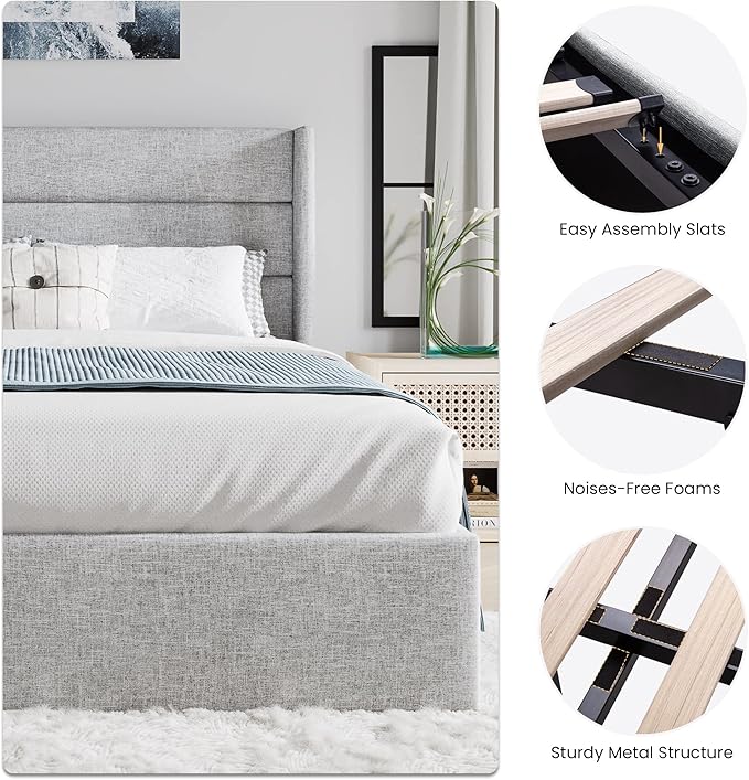 SHA CERLIN King Size Lift Up Storage Bed/Modern Wingback Headboard/Upholstered Platform Bed Frame/Hydraulic Storage/No Box Spring Needed/Wood Slats Support/Light Grey