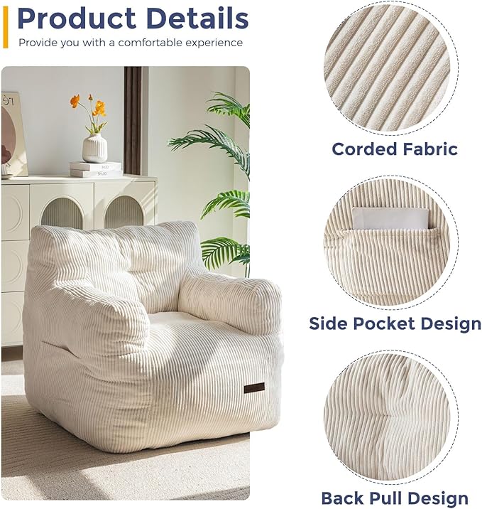 MAXYOYO Bean Bag Chair, Tufted Bean Bag Couch Lazy Chair, Living Room Sofa Couch with Filler for Adult Teens Kids, Corded Fabric Accent Sofa for Bedroom Dorm, Beige