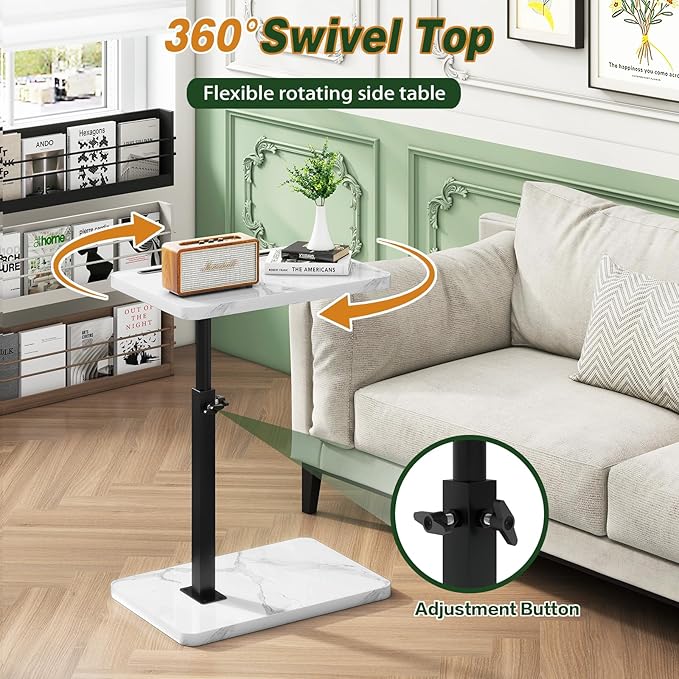 IBUYKE Tray Table for Couch, 360° Swivel Height Adjustable End Table for Small Spaces, with Phone & Tablet Slot, Modern Small Coffee Snack Table for Sofa/Bed, White with Black UTVT003BW
