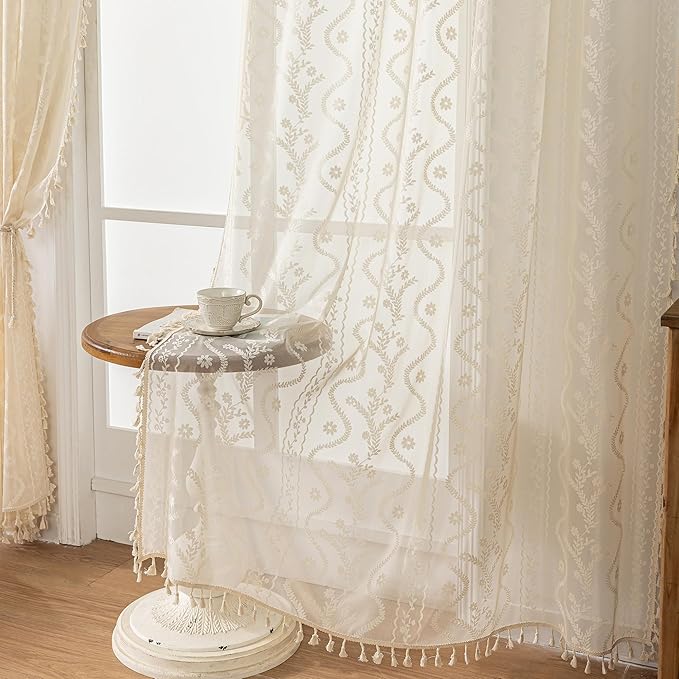 WAZZIO Boho Lace Curtains 2 Panels 72 Inches -Cute Vintage Victorian Sheer - Image 5