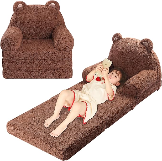 Foldable Kids Sofa, Sherpa Teddy Bear Toddler Couch with Tri Folding Foam Cushions, Comfy Couch for Kids Age 18 Months and Up