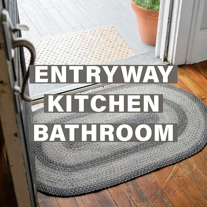 Flint Hill Grey Oval Braided Rug, 2x3' - Handmade with Jute, Warm Primitive Decor, Perfect for Bathrooms and Entryways - Reversible and Easy to Clean