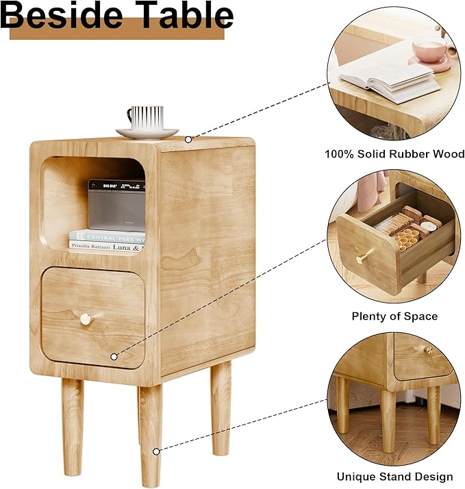 Narrow Nightstand, Solid Wood Night Stand with Drawers, Natural Mid Century Modern Nightstand, Small Beside Table with Open Storage Shelf for Bedroom (10 inch)