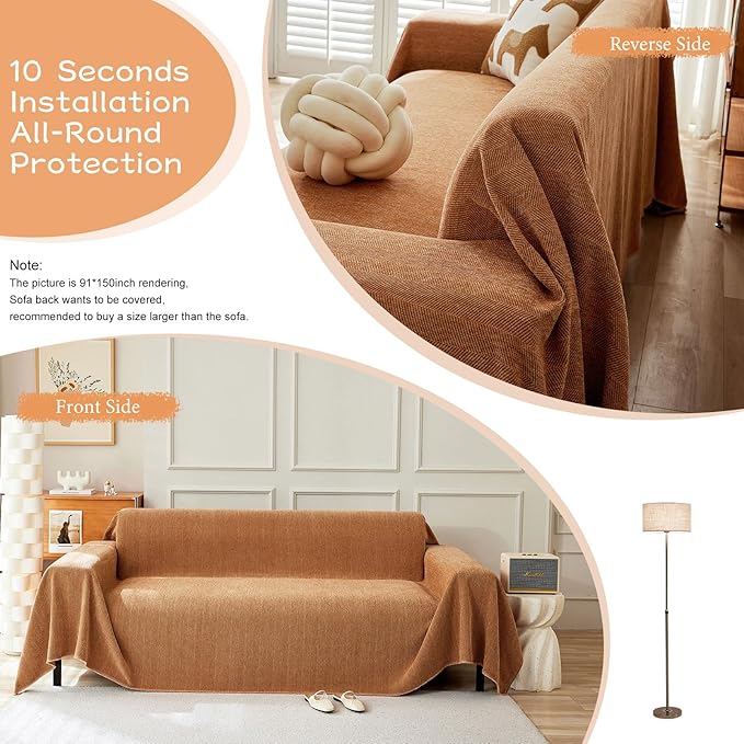 STACYPIK Burnt Orange Chenille Couch Cover, Modern Tangerine Sofa Covers for 3 Cushion Couch, Lovetseat Cover for Sectional, Non Slip L Shaped Covers Pets-Scratch Sofa Slipcover with Tassels-91X150IN