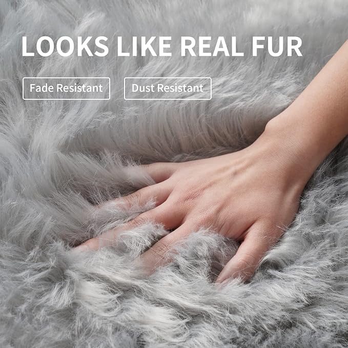 Faux Fur Area Rug, Indoor Plush Gray Floor Carpets - Image 4