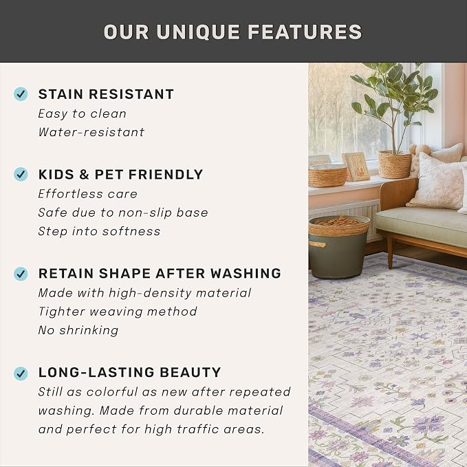 5x7 Light Purple Area Rug for Girls Bedroom, Living Room, Non Slip Washable - Image 7