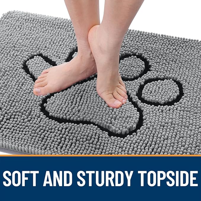 OLANLY Door Mat for Muddy Dog Paws 44x24, Ultra Absorbent Chenille Mud Doormat with Paw Print Design, Non-Slip Washable Doormat for Indoor Entryway, Quick-Dry Pet Bed Mats for Dirty Dogs, Grey