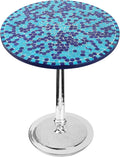 CLEENTABLE Mosaic Round End Table for Living Room & Bedroom - Artistic Coffee Side Table with Polished Aluminum Legs, Enamel-Coated Top, Lightweight Design, Easy Assembly (Blue Silver)