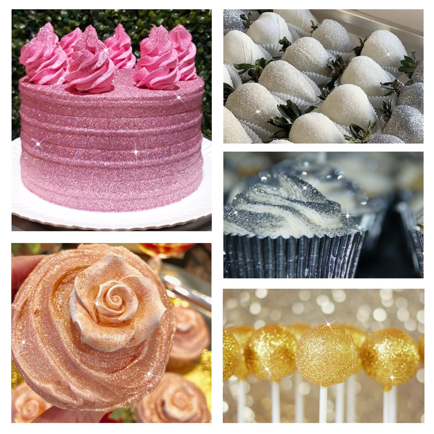 Edible Glitter, 4 Colors Luster Dust Edible, 5g/bottle Edible Glitter for Cocktails, Drinks, Cake Decoration, Cupcakes, Chocolate, Strawberries, and Waffles(Gold, Rose Gold, White, Pink)
