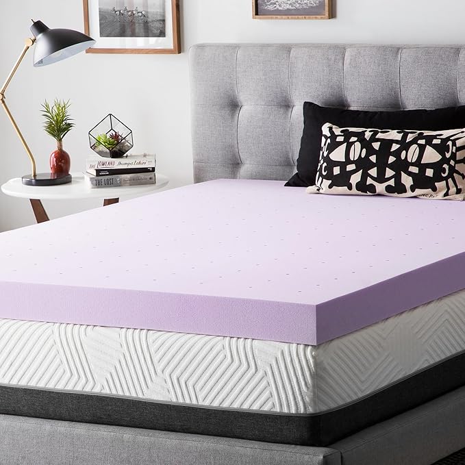 Lucid 4 Inch Lavender Infused Memory Foam Mattress Topper - Ventilated Design – Pressure Relieving Bed Topper - Mattress Pad – CertiPur Certified - Twin Size