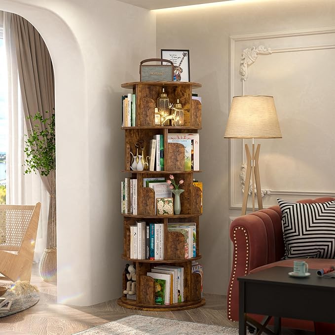 Aheaplus Rotating Bookshelf, 360 Display Wood Spinning Bookshelf Tower, 5 Tier Floor Standing Bookcase Storage Rack, Revolving Bookcase Corner Bookshelfs for Small Space, Study, Bed Room, Rustic Brown