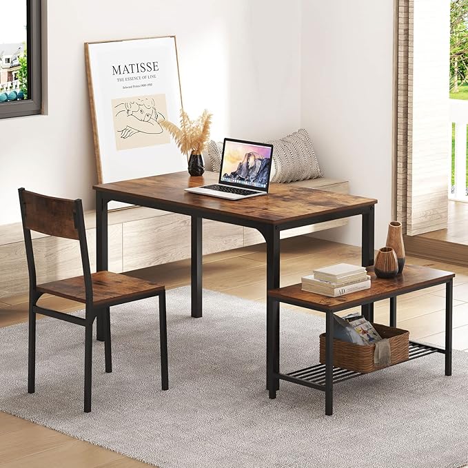 SogesHome Kitchen Table Set for 4, Compact Dining Table Chair Set with Bench, Built-in Storage Racks, Metal Frame, for Apartment, Restaurant, Vintage Brown