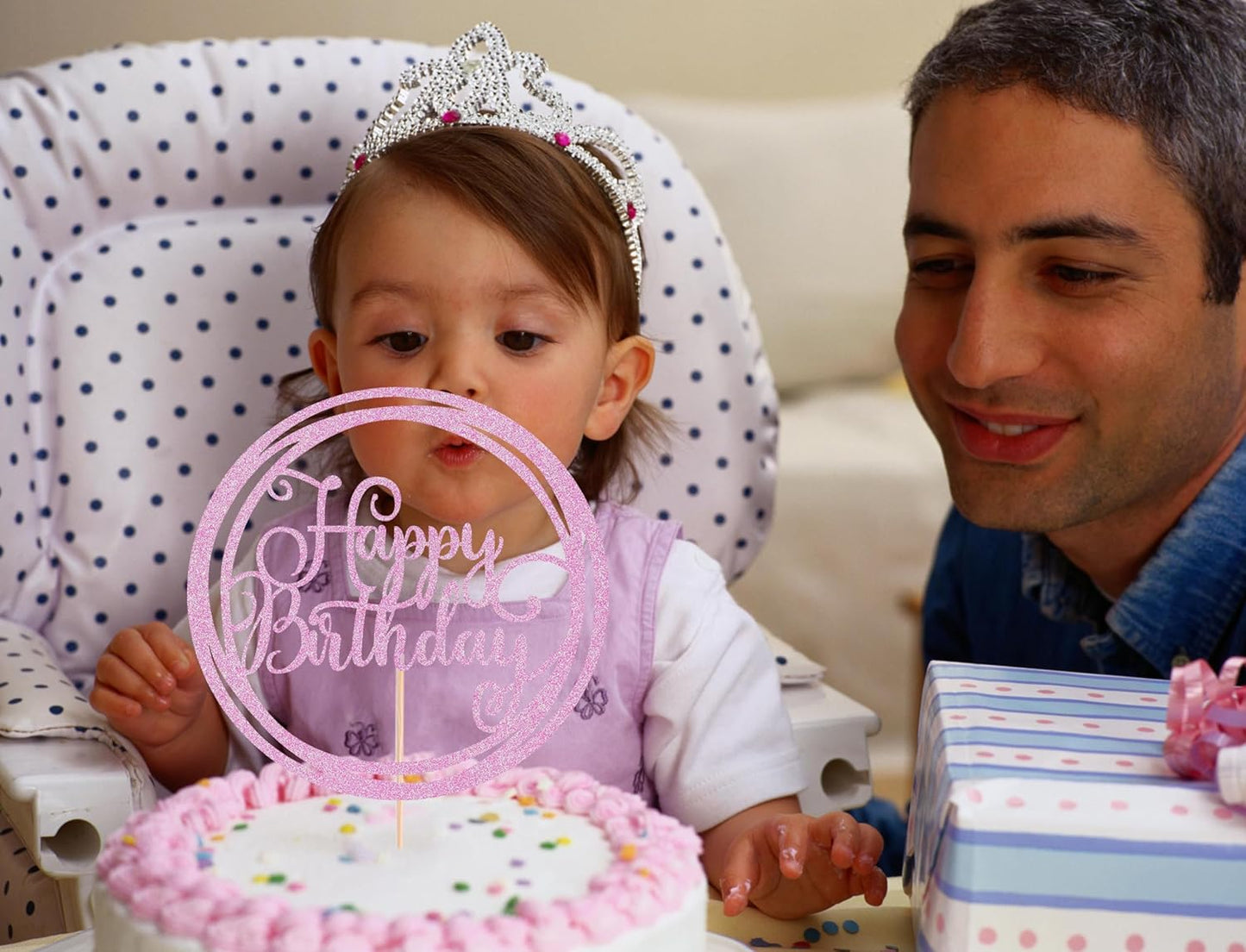 Happy Birthday Cake Topper - Pink Glitter Happy Birthday Cake Decoration Supplies for Children or Adults - Happy Birthday Cake Bunting Decor, Photo Booth Props