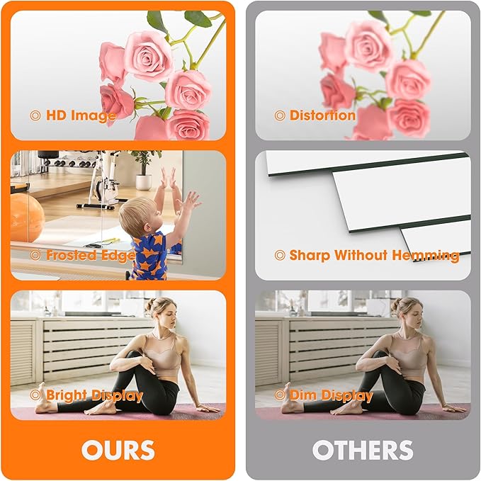 Hasipu Home Gym Mirror 48" L x 24" W - 4PCS Large Full Body Mirror for Yoga, Wall-Mounted Mirrors for Fitness, Garage, Dance Studio, 0.16in Tempered Glass Frameless