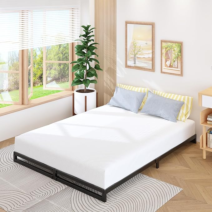 4 Inch Full Size Bed Frame No Box Spring Needed, Heavy Duty Metal Platform Beds with Sturdy Steal Slats for Mattress Foundation, Easy Assembly, Noise Free, Black